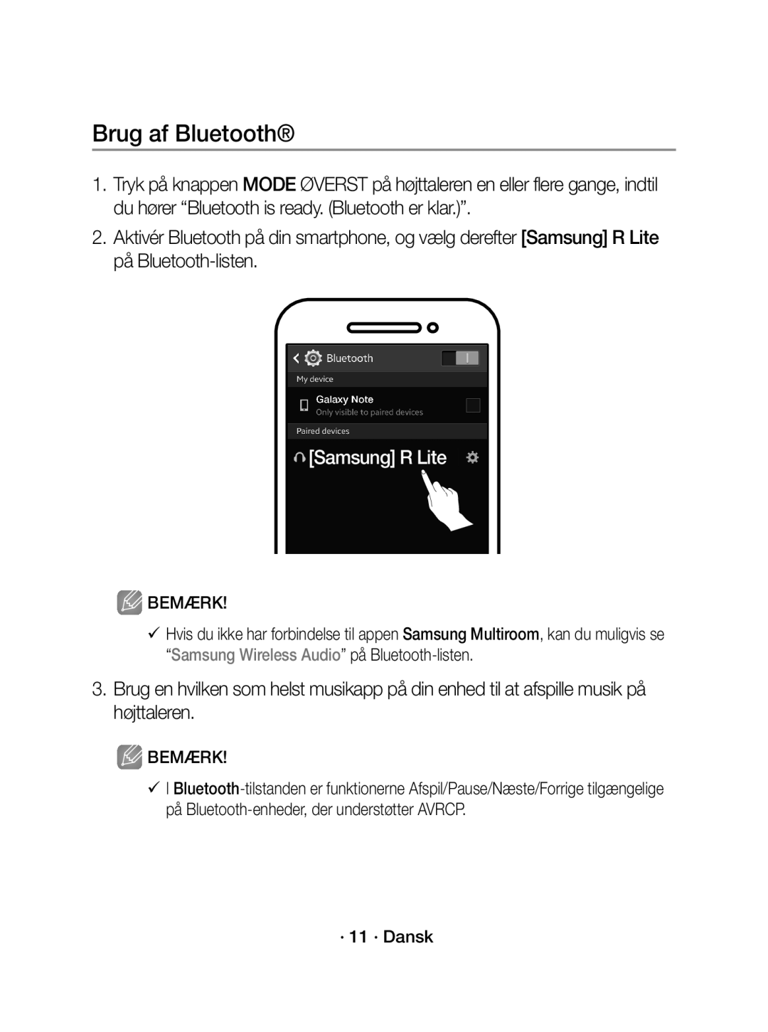 Samsung WAM1400/XE manual Brug af Bluetooth, · 11 · Dansk 