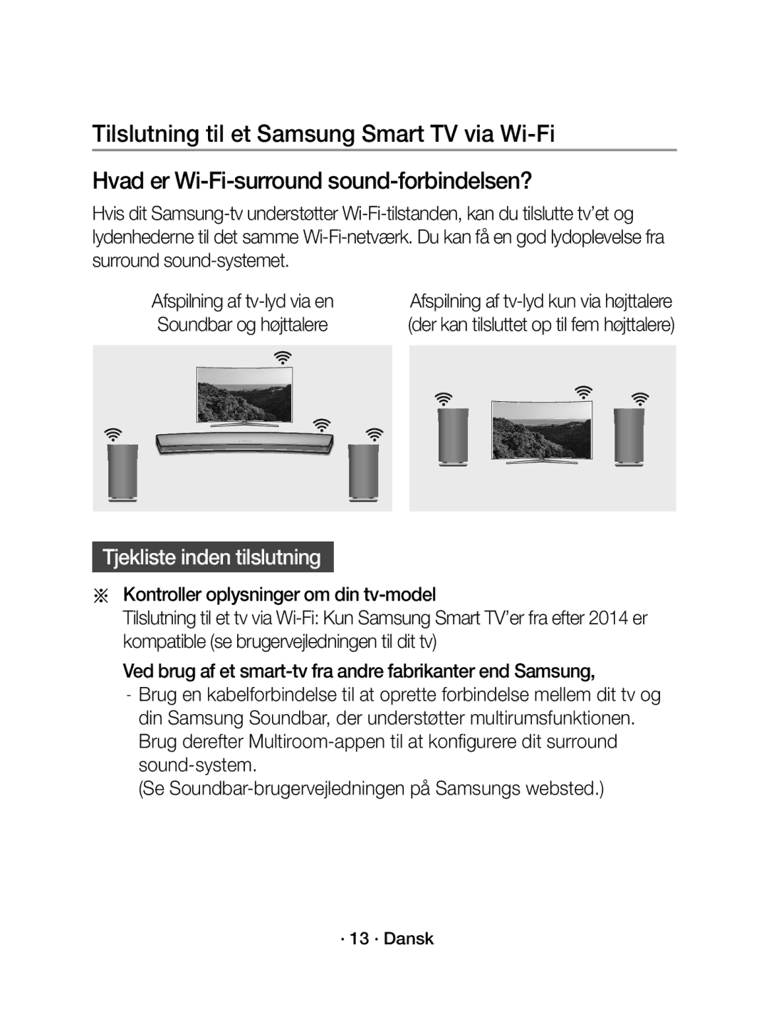 Samsung WAM1400/XE manual Tjekliste inden tilslutning, · 13 · Dansk 