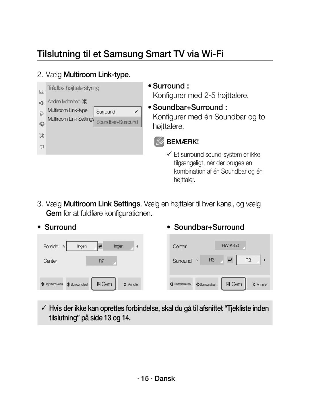 Samsung WAM1400/XE manual Vælg Multiroom Link-type, Soundbar+Surround, · 15 · Dansk 