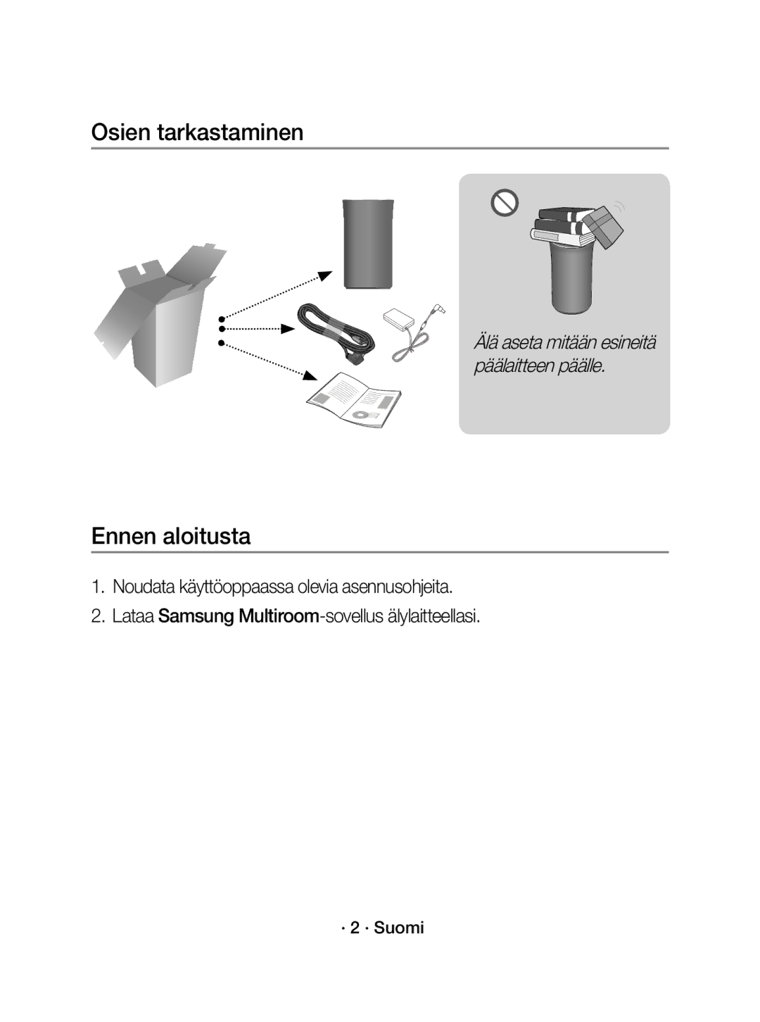 Samsung WAM1400/XE manual Osien tarkastaminen, Ennen aloitusta, · 2 · Suomi 