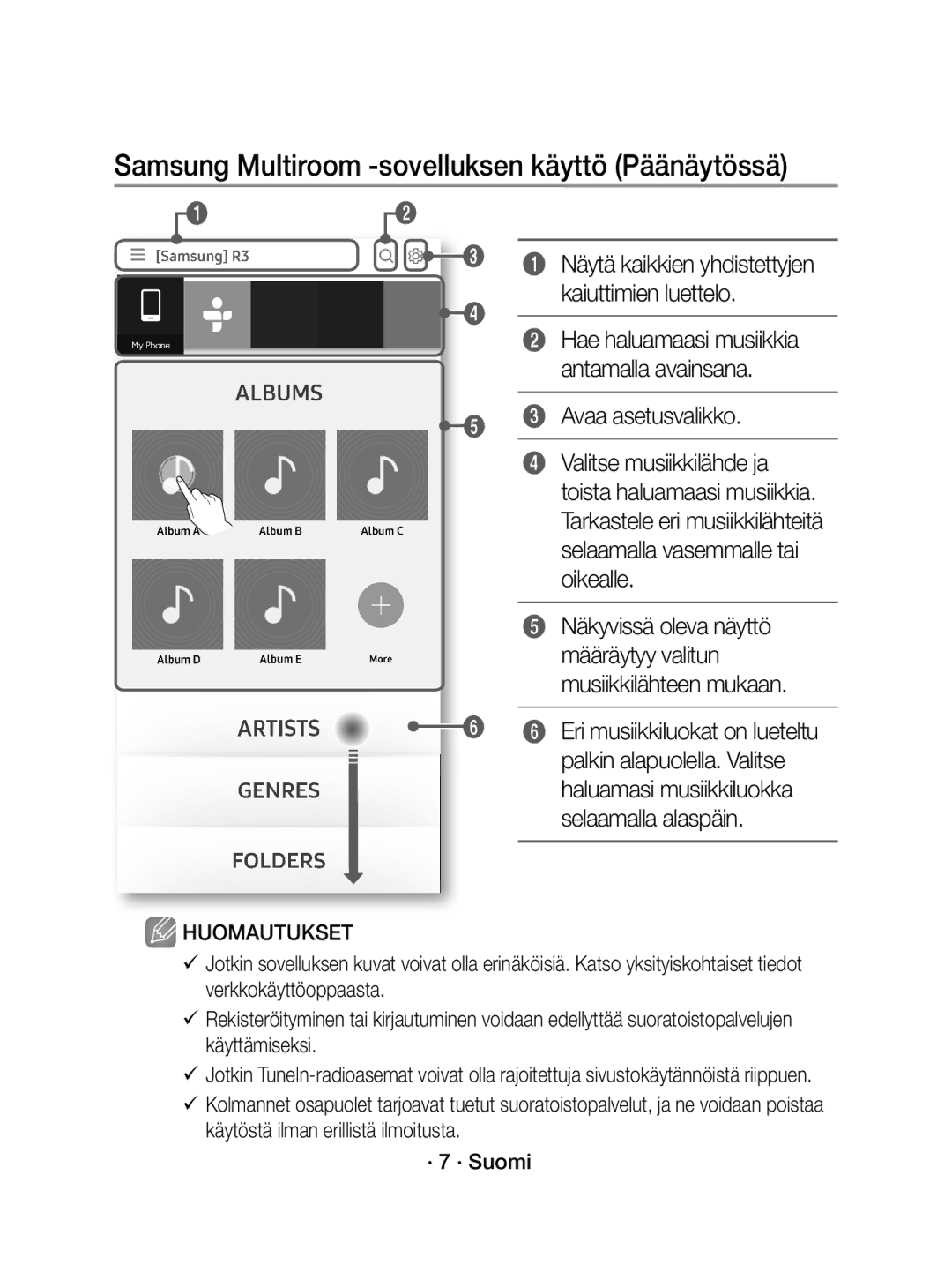 Samsung WAM1400/XE manual Samsung Multiroom -sovelluksen käyttö Päänäytössä, Avaa asetusvalikko 