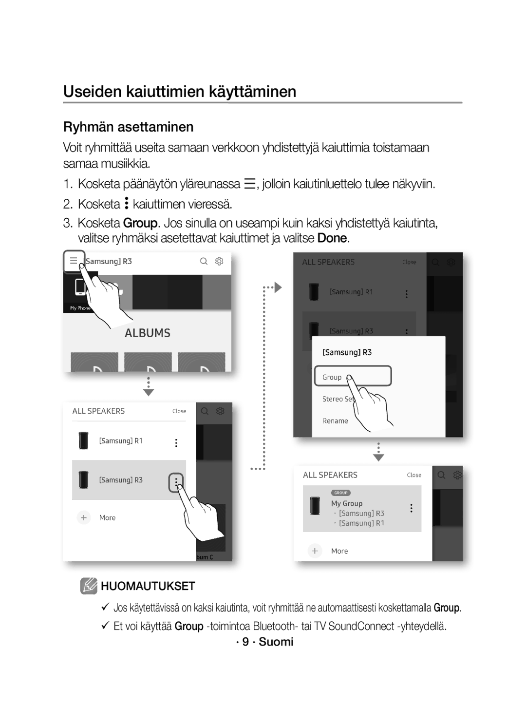 Samsung WAM1400/XE manual Useiden kaiuttimien käyttäminen, Ryhmän asettaminen, Kosketa kaiuttimen vieressä, · 9 · Suomi 