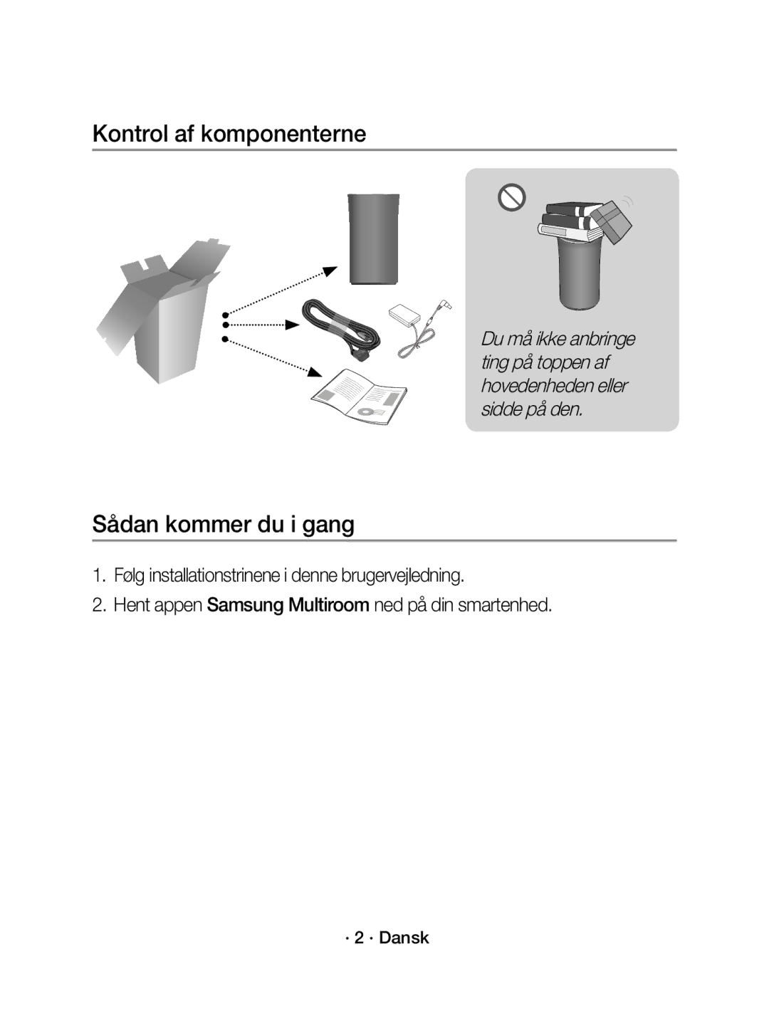 Samsung WAM1400/XE manual Kontrol af komponenterne, Sådan kommer du i gang, · 2 · Dansk 