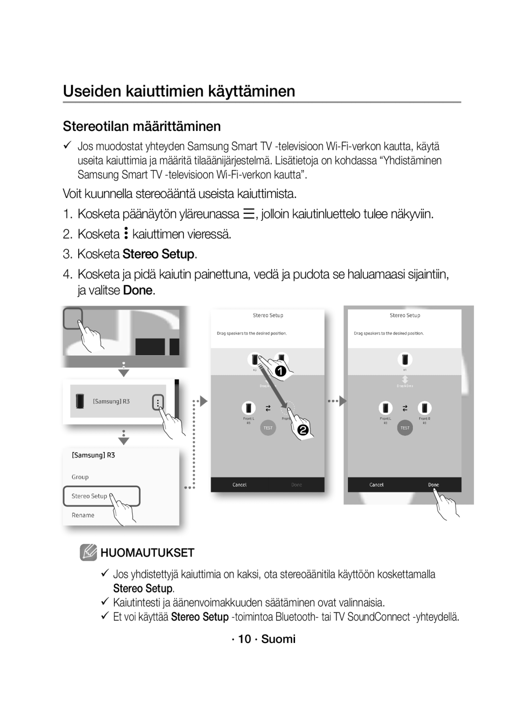 Samsung WAM1400/XE manual Stereotilan määrittäminen, Voit kuunnella stereoääntä useista kaiuttimista, · 10 · Suomi 