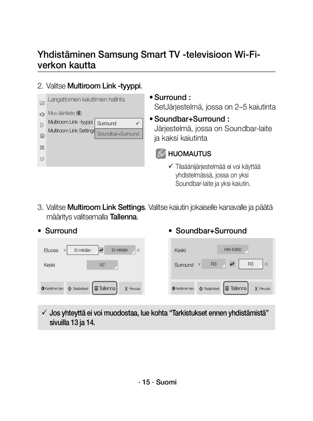 Samsung WAM1400/XE manual Valitse Multiroom Link -tyyppi, SetJärjestelmä, jossa on 2-5 kaiutinta, · 15 · Suomi 