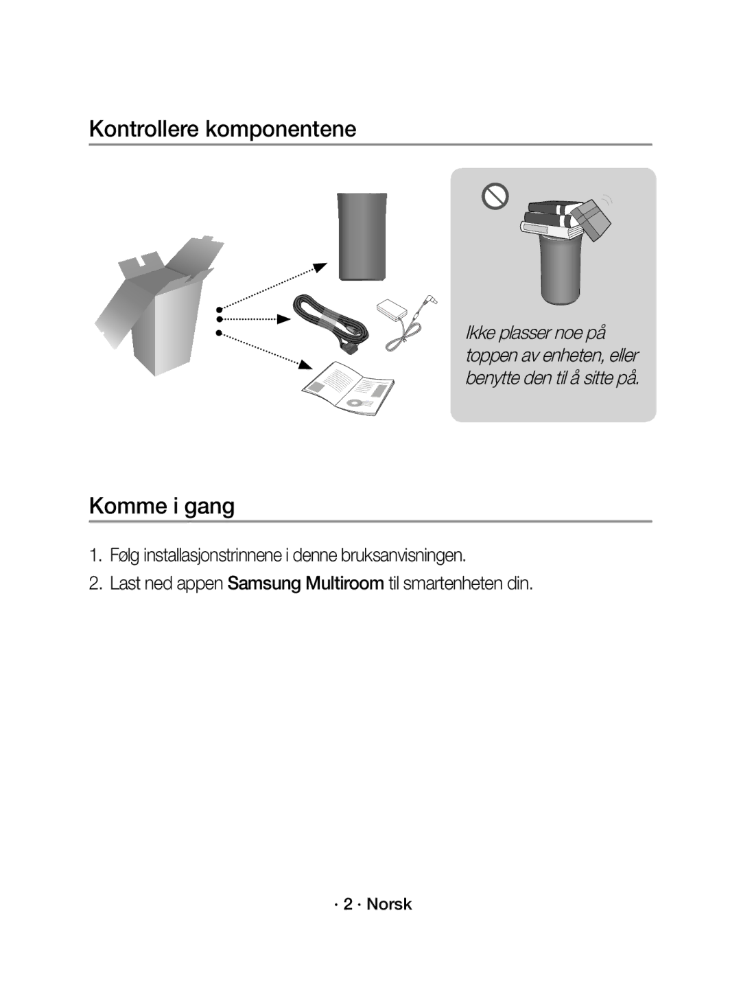 Samsung WAM1400/XE manual Kontrollere komponentene, Komme i gang, · 2 · Norsk 