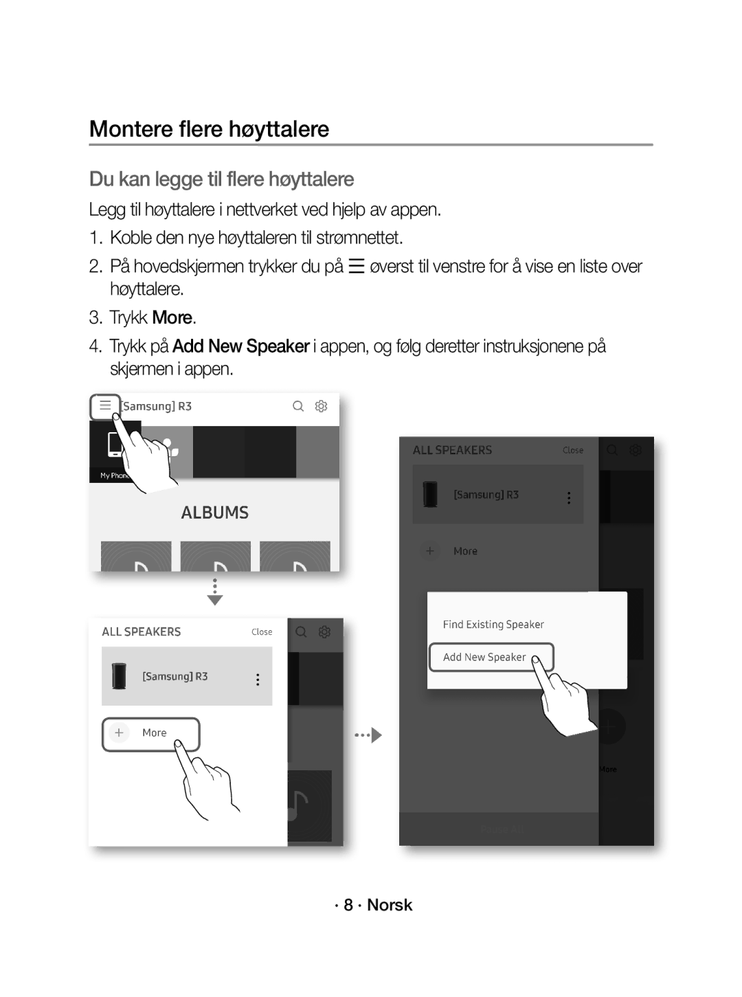 Samsung WAM1400/XE manual Montere flere høyttalere, · 8 · Norsk 