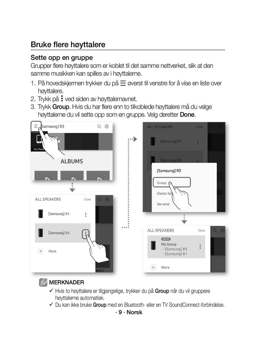 Samsung WAM1400/XE manual Bruke flere høyttalere, Sette opp en gruppe, · 9 · Norsk 