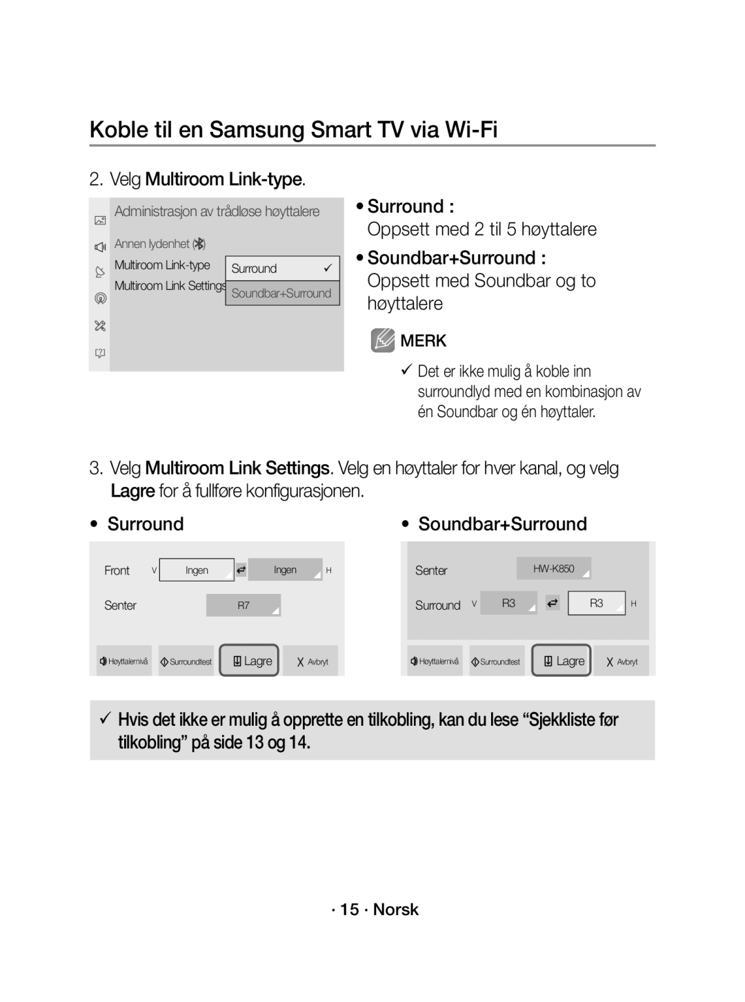 Samsung WAM1400/XE manual Velg Multiroom Link-type, · 15 · Norsk 