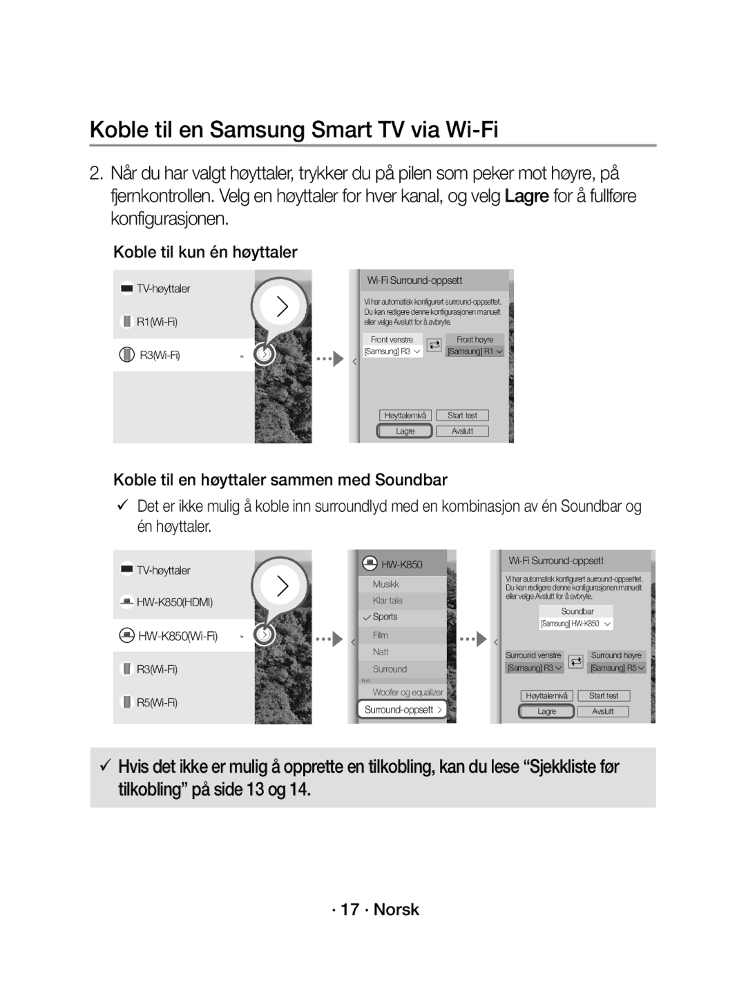 Samsung WAM1400/XE manual Koble til kun én høyttaler, · 17 · Norsk 