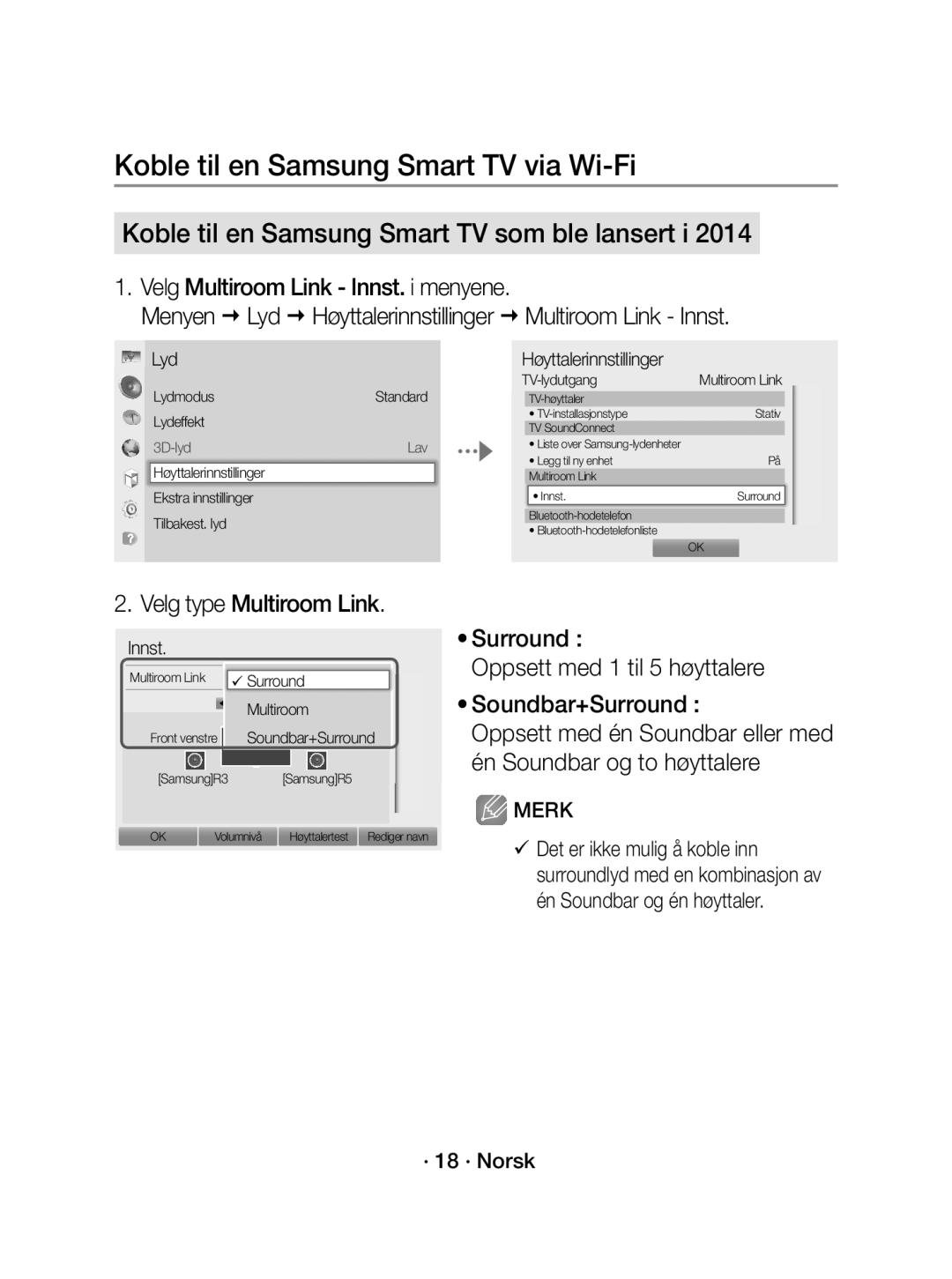 Samsung WAM1400/XE manual Velg type Multiroom Link, Surround Oppsett med 1 til 5 høyttalere Soundbar+Surround, · 18 · Norsk 