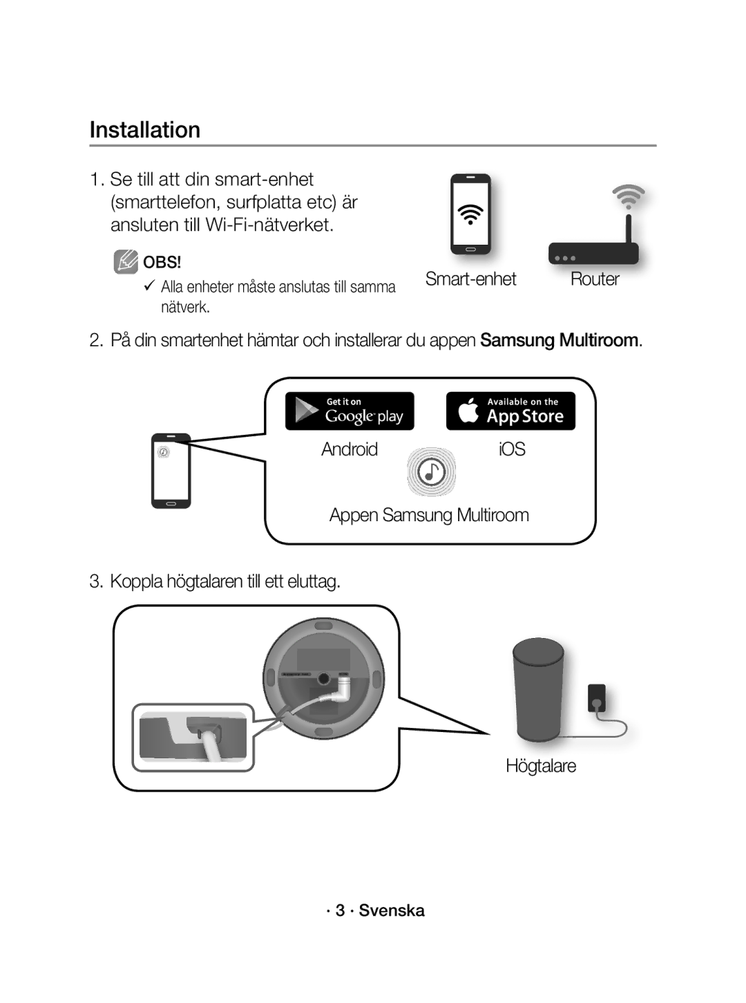 Samsung WAM1400/XE manual Smart-enhet, Högtalare, · 3 · Svenska 