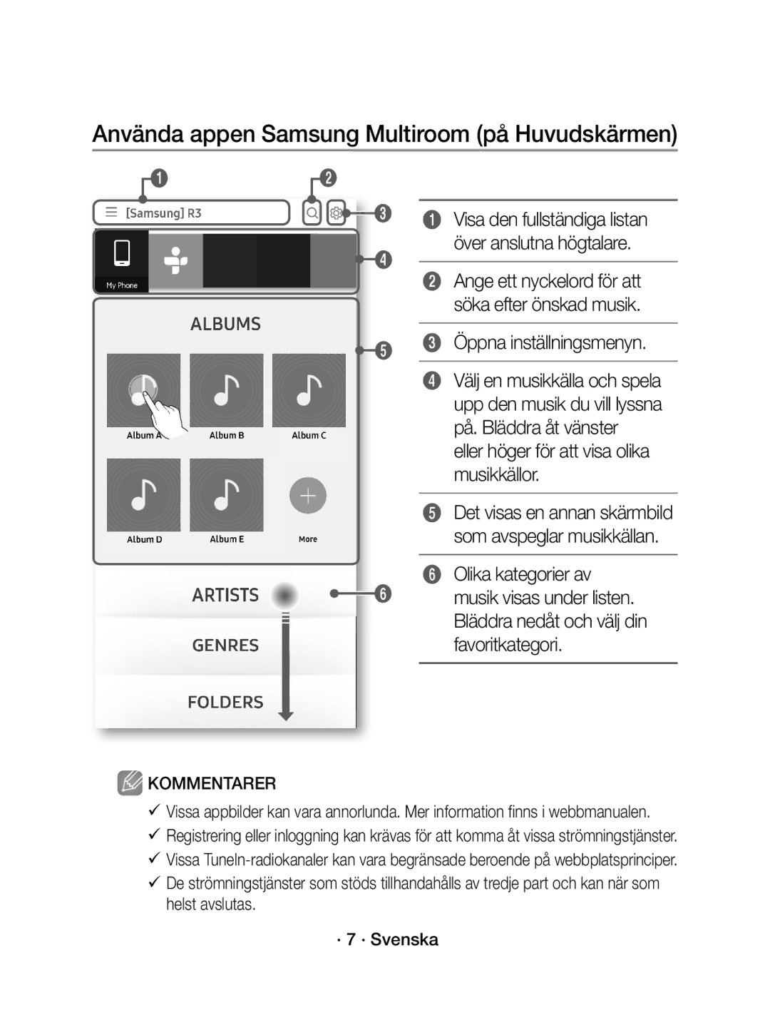 Samsung WAM1400/XE manual Använda appen Samsung Multiroom på Huvudskärmen, Öppna inställningsmenyn, Favoritkategori 