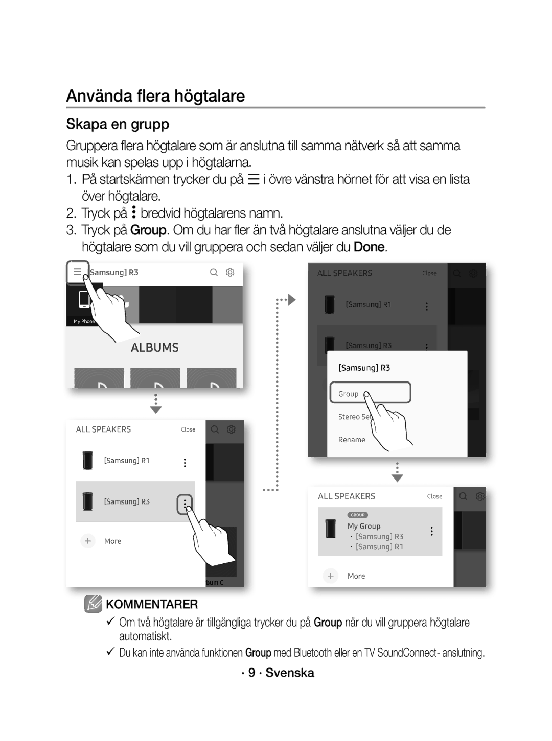 Samsung WAM1400/XE manual Använda flera högtalare, Skapa en grupp, · 9 · Svenska 