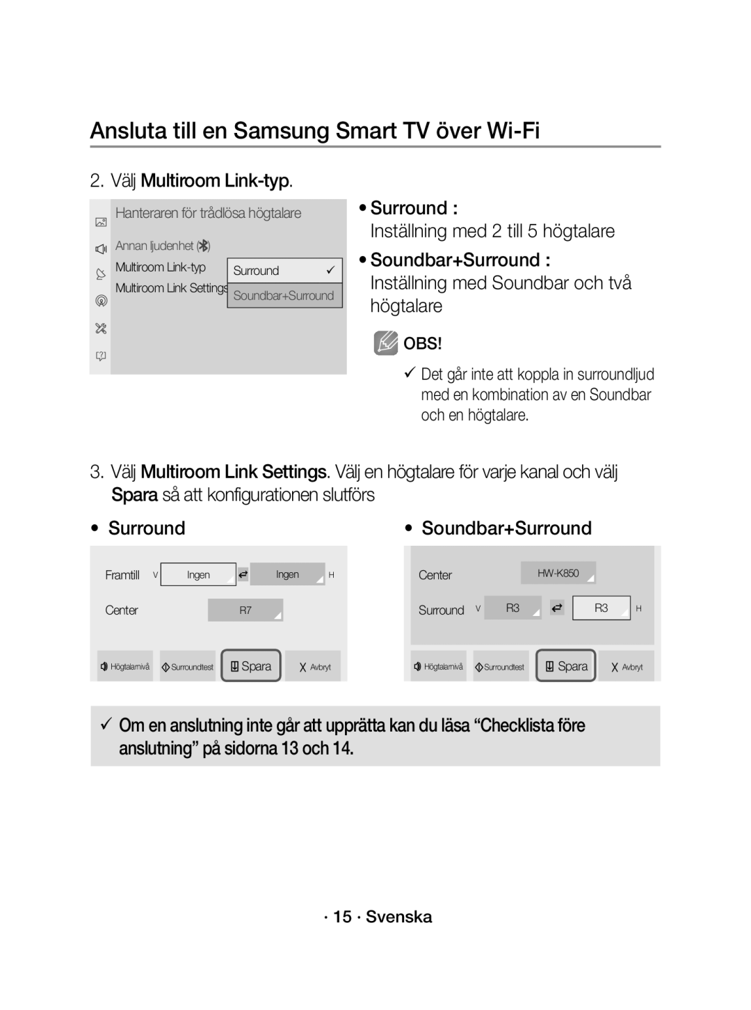 Samsung WAM1400/XE manual Välj Multiroom Link-typ, · 15 · Svenska 