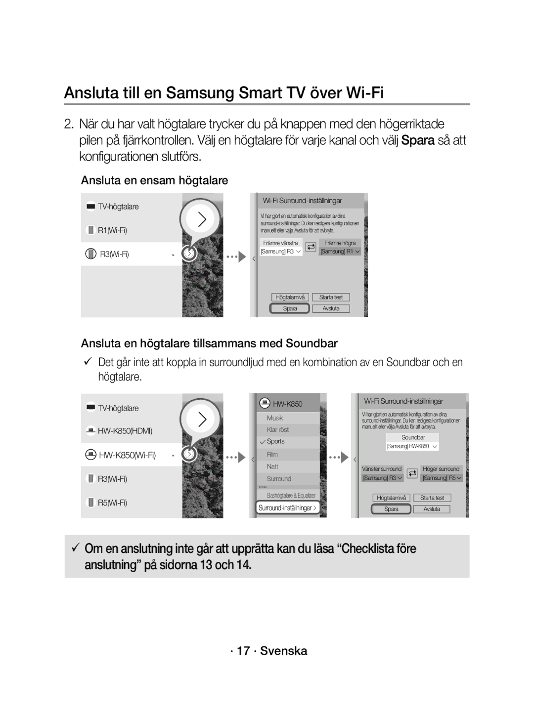 Samsung WAM1400/XE manual Ansluta en ensam högtalare, · 17 · Svenska 