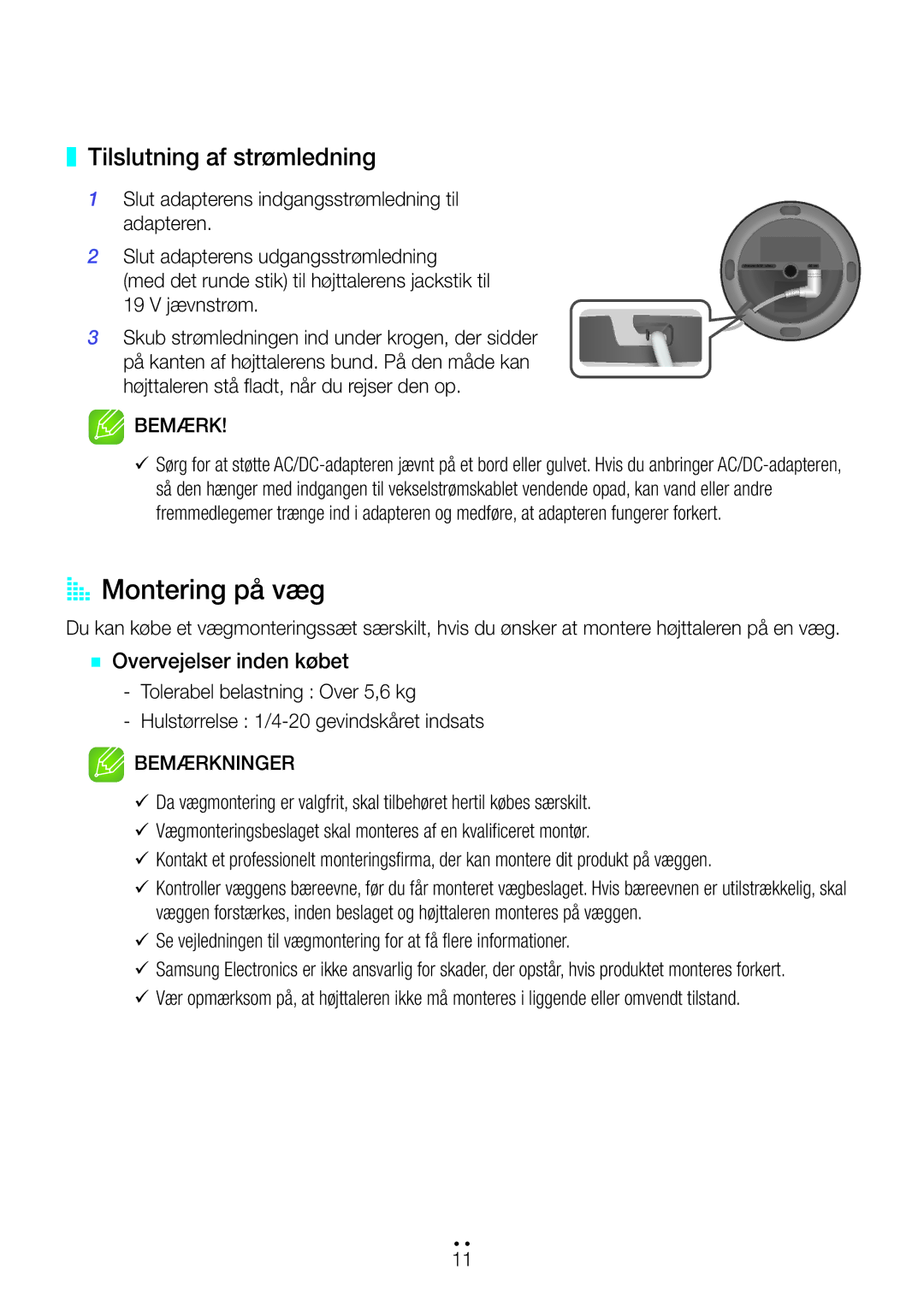 Samsung WAM1400/XE manual AA Montering på væg, Tilslutning af strømledning, Bemærkninger 