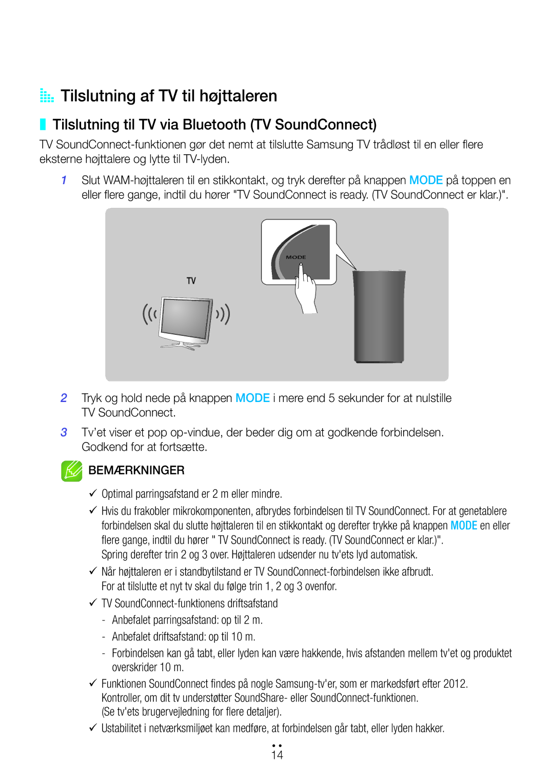 Samsung WAM1400/XE manual AA Tilslutning af TV til højttaleren, Tilslutning til TV via Bluetooth TV SoundConnect 