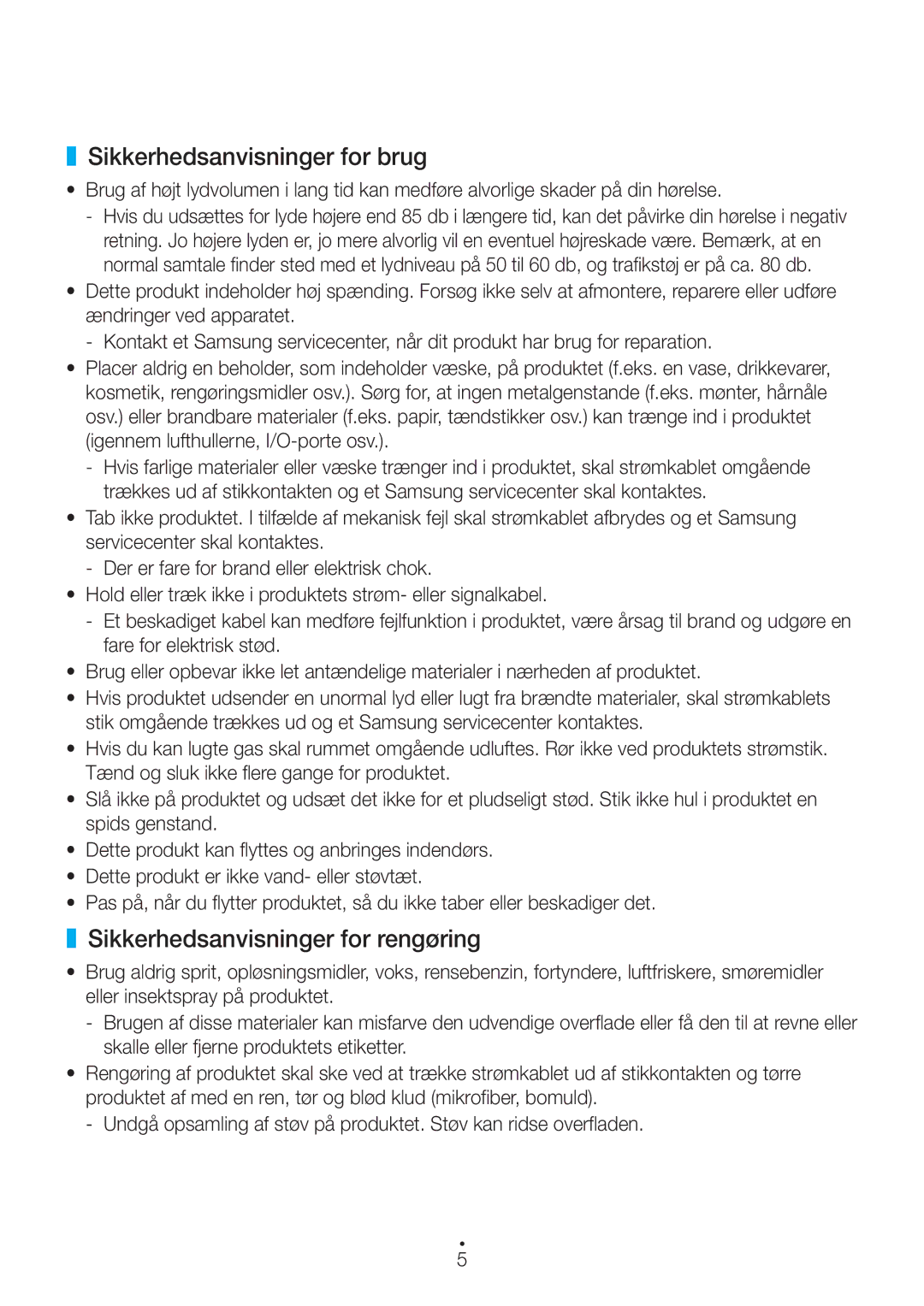 Samsung WAM1400/XE manual Sikkerhedsanvisninger for brug, Sikkerhedsanvisninger for rengøring 