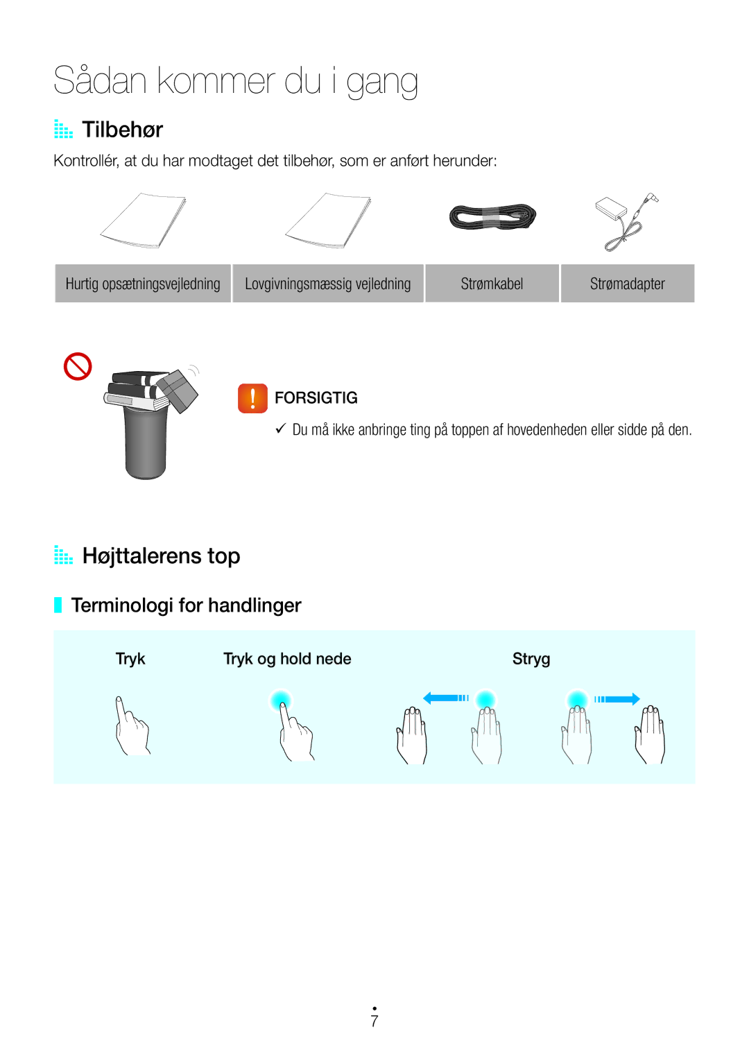 Samsung WAM1400/XE manual Sådan kommer du i gang, AA Tilbehør, AA Højttalerens top, Terminologi for handlinger, Forsigtig 