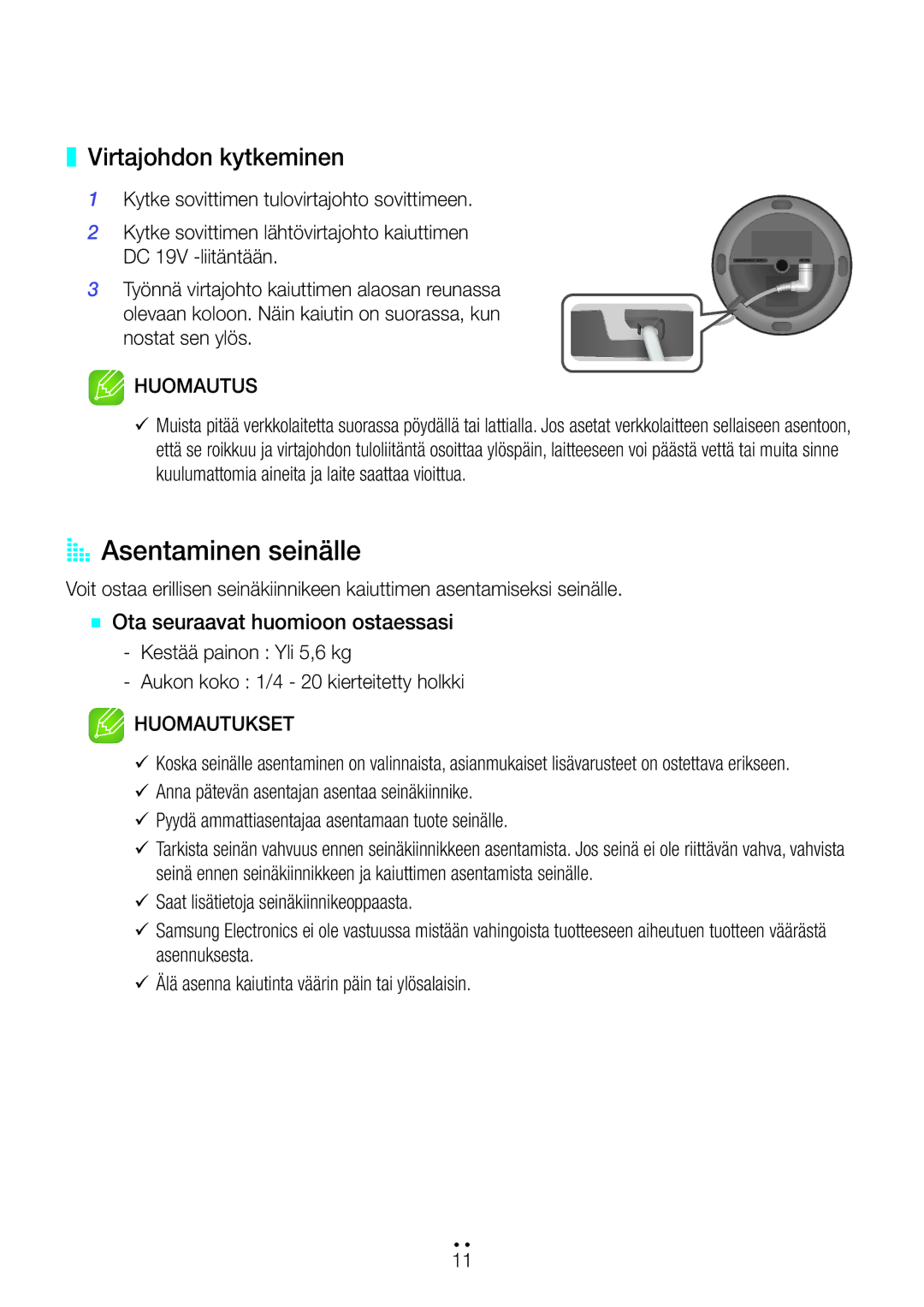 Samsung WAM1400/XE manual AA Asentaminen seinälle, Virtajohdon kytkeminen, Huomautukset 