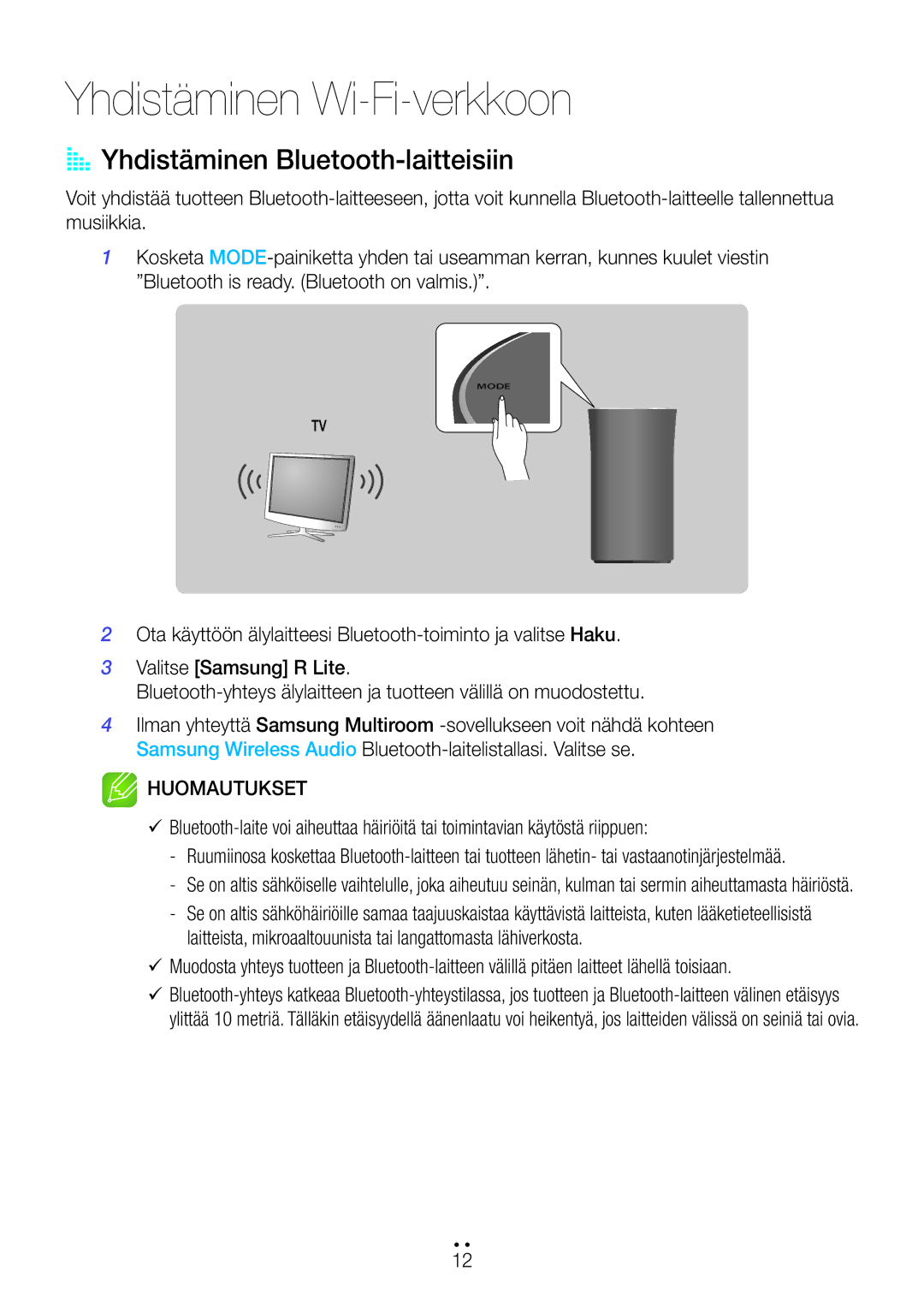 Samsung WAM1400/XE manual Yhdistäminen Wi-Fi-verkkoon, AA Yhdistäminen Bluetooth-laitteisiin 