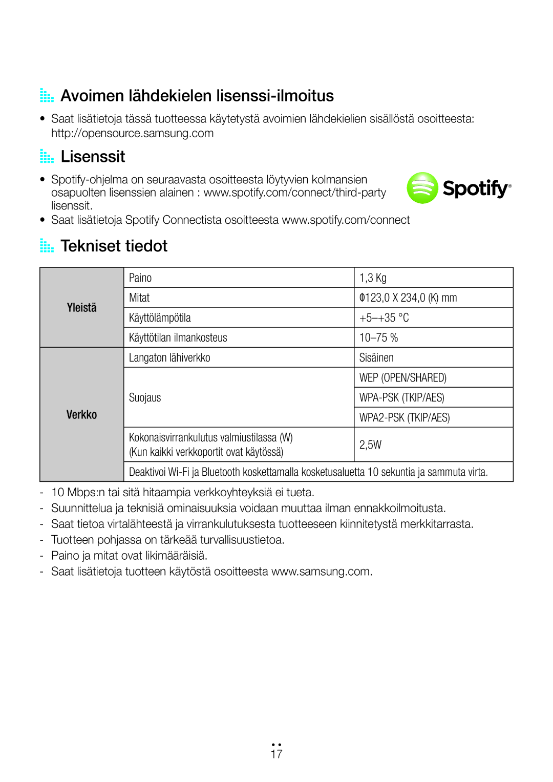 Samsung WAM1400/XE manual AA Avoimen lähdekielen lisenssi-ilmoitus, AALisenssit, AA Tekniset tiedot 