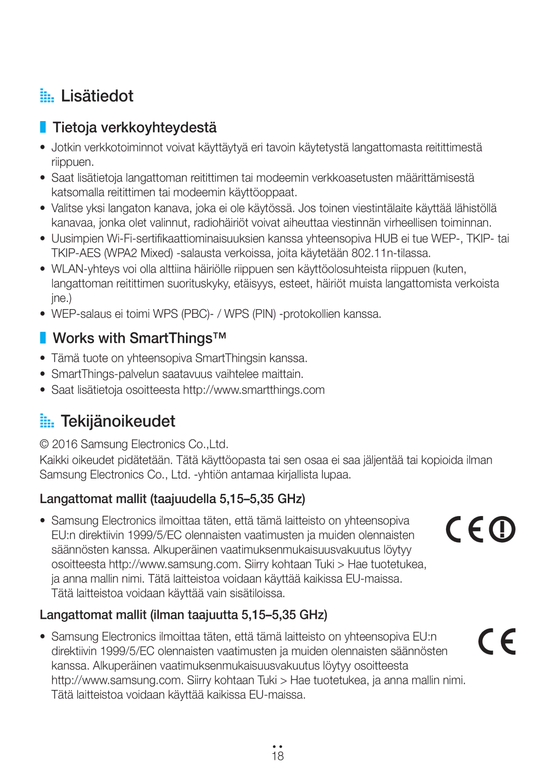 Samsung WAM1400/XE manual AA Lisätiedot, AA Tekijänoikeudet, Tietoja verkkoyhteydestä, Works with SmartThings 