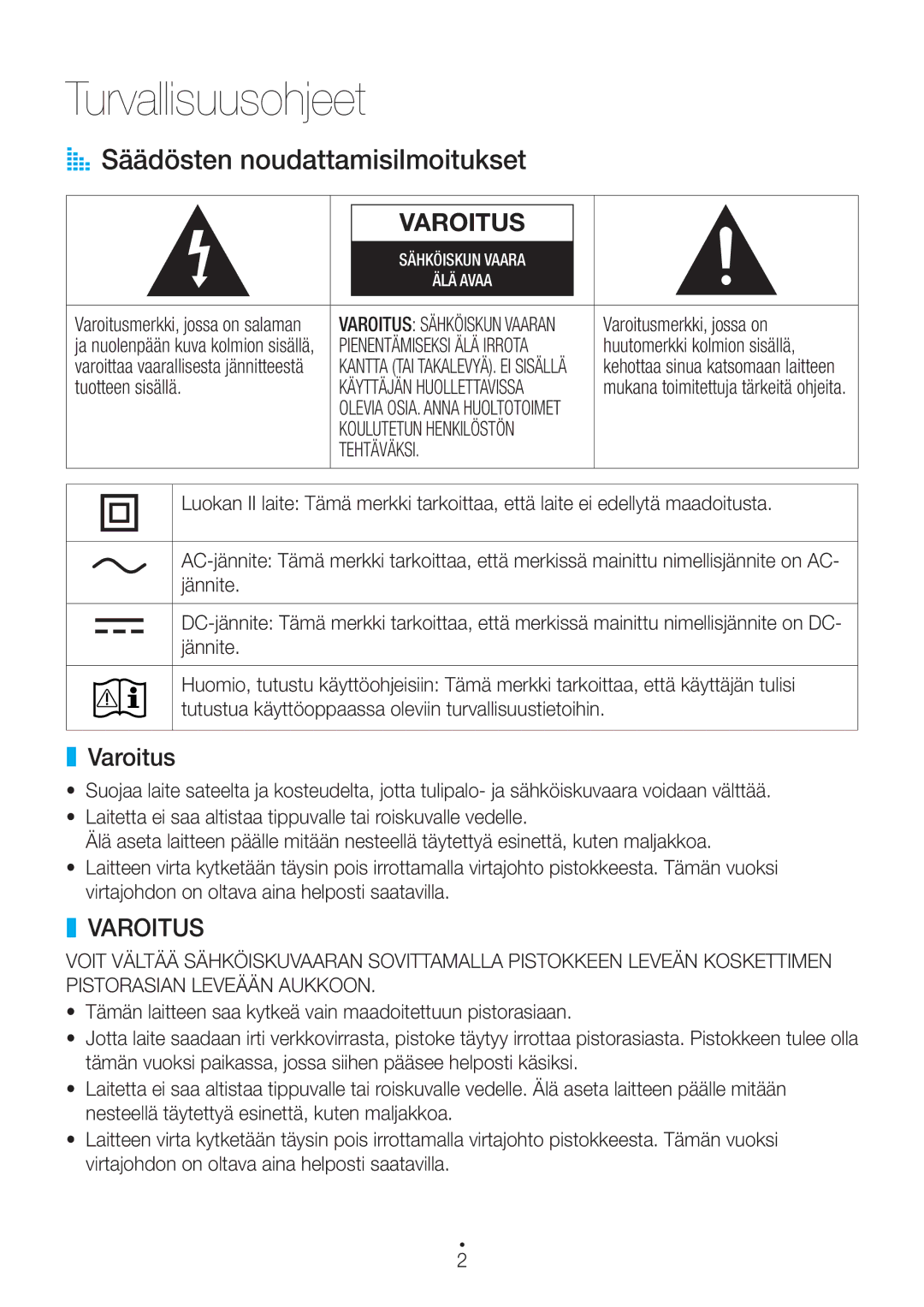 Samsung WAM1400/XE manual Turvallisuusohjeet, AA Säädösten noudattamisilmoitukset, Varoitus, Tehtäväksi 