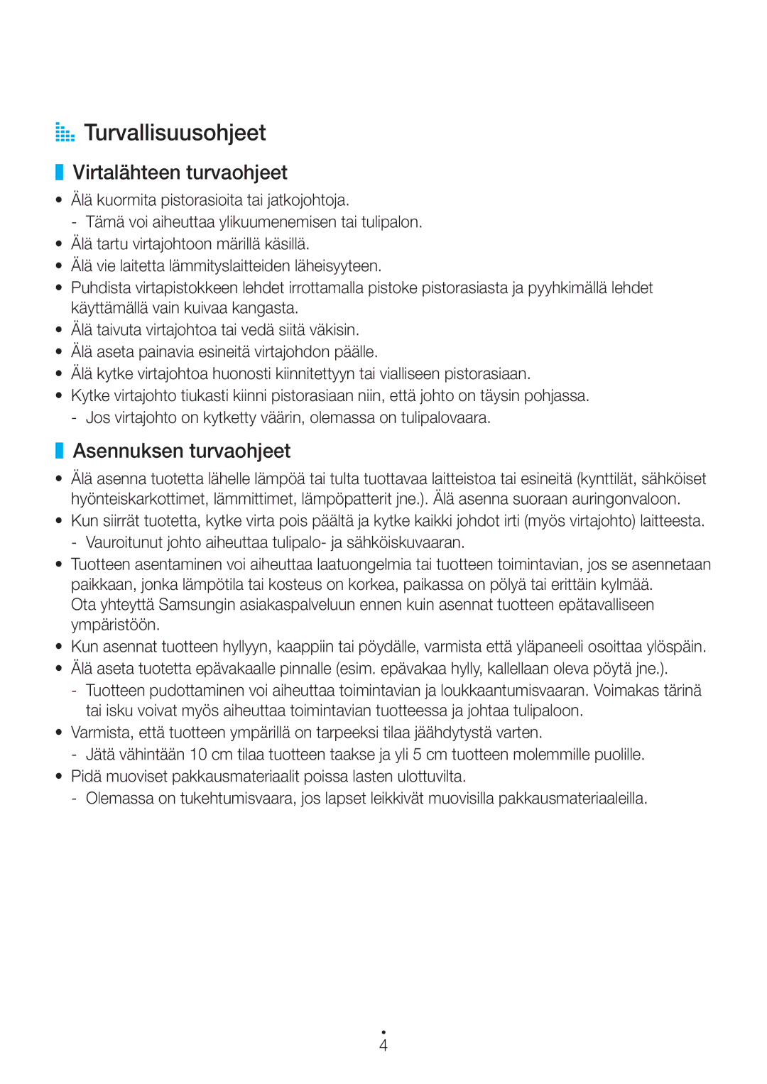 Samsung WAM1400/XE manual AA Turvallisuusohjeet, Virtalähteen turvaohjeet, Asennuksen turvaohjeet 