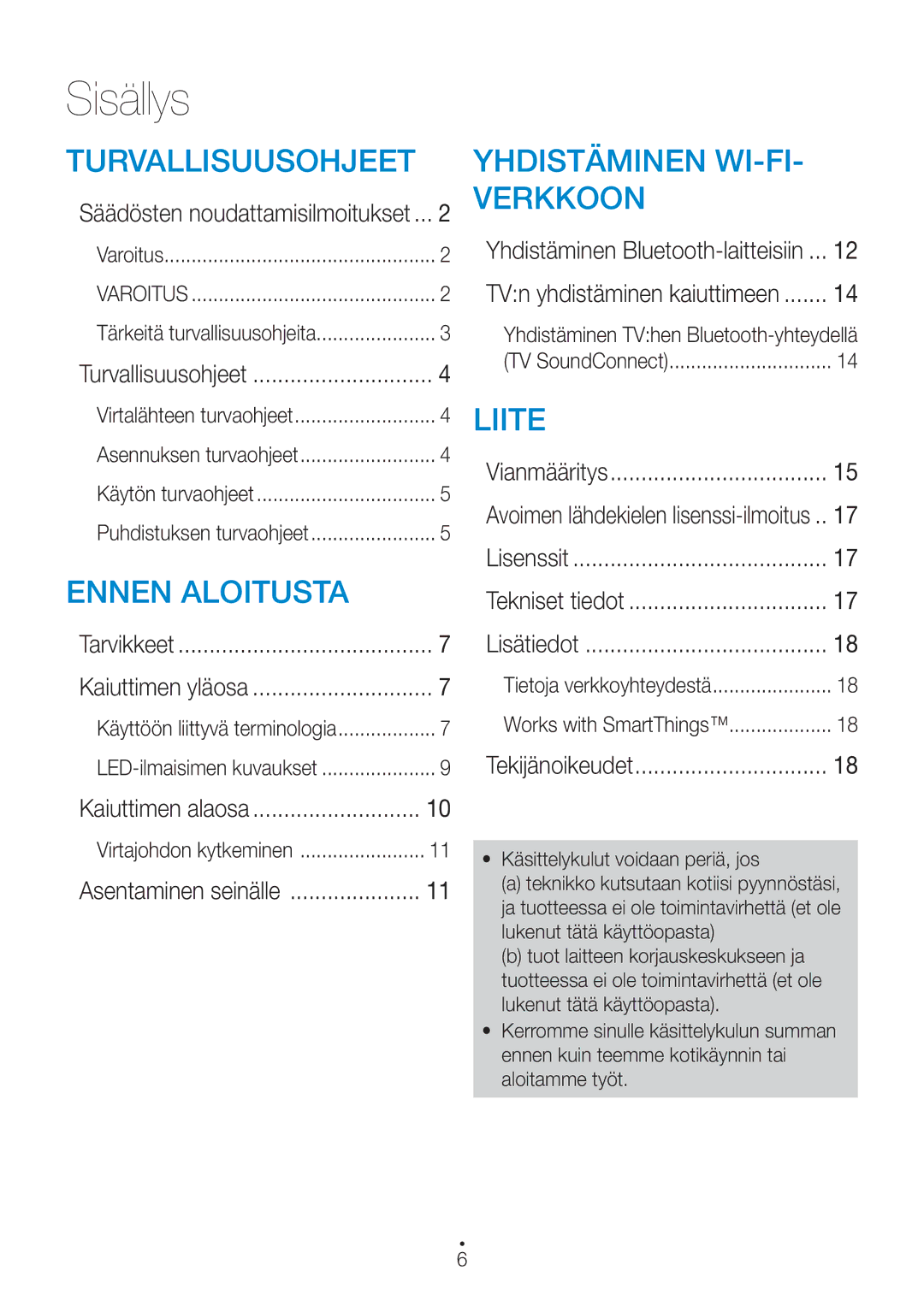 Samsung WAM1400/XE manual Sisällys, Avoimen lähdekielen lisenssi-ilmoitus, Käsittelykulut voidaan periä, jos 