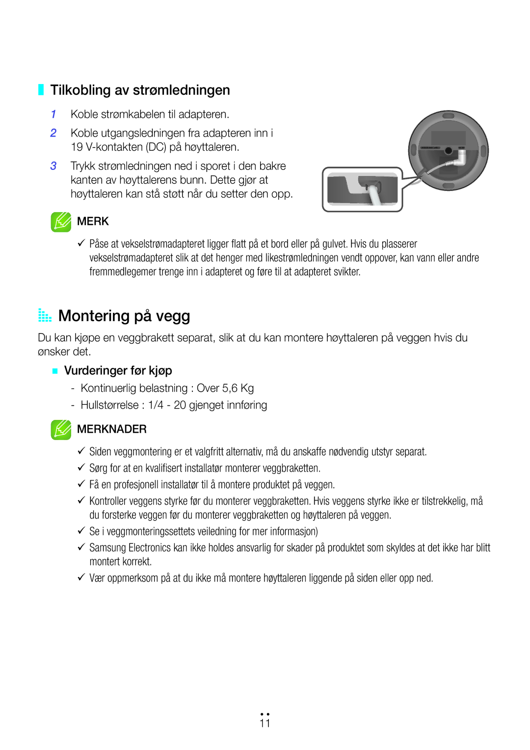 Samsung WAM1400/XE manual AA Montering på vegg, Tilkobling av strømledningen, Merknader 