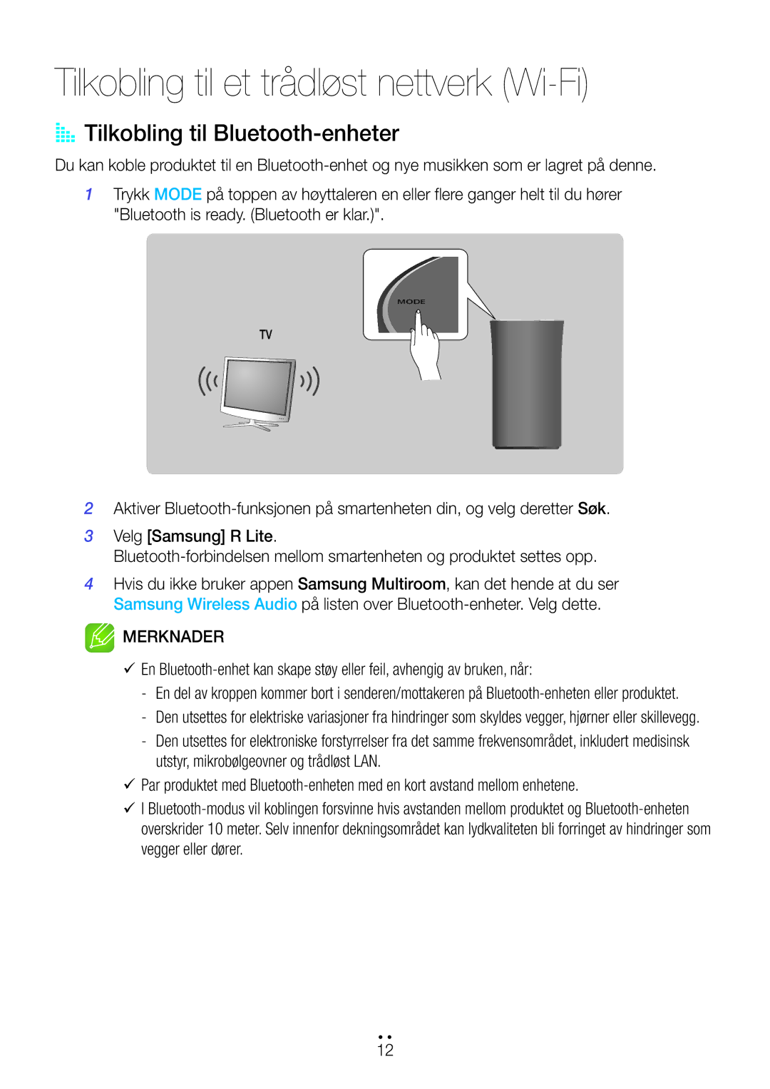 Samsung WAM1400/XE manual Tilkobling til et trådløst nettverk Wi-Fi, AA Tilkobling til Bluetooth-enheter 