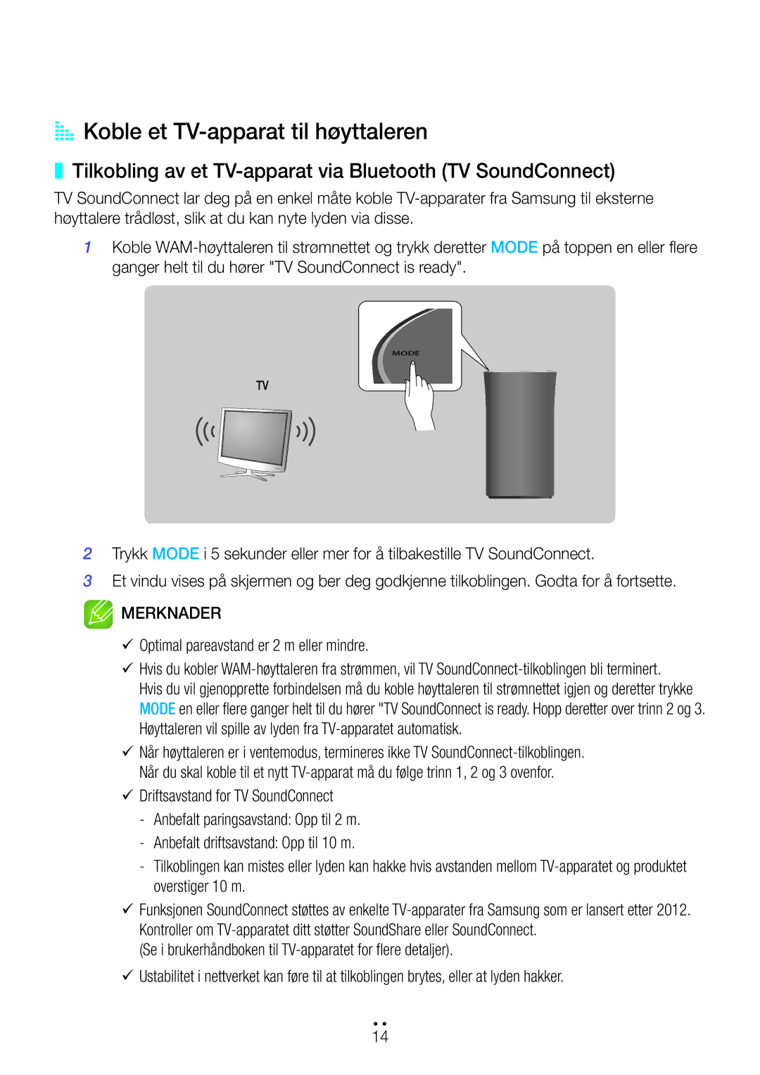 Samsung WAM1400/XE manual AA Koble et TV-apparat til høyttaleren, Tilkobling av et TV-apparat via Bluetooth TV SoundConnect 