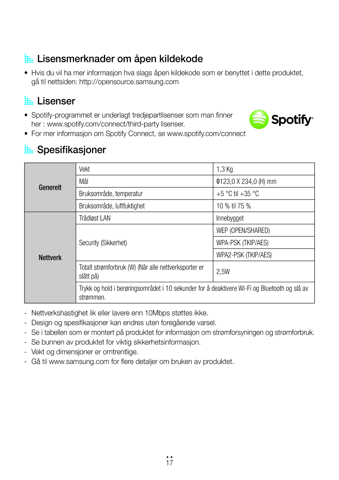 Samsung WAM1400/XE AA Lisensmerknader om åpen kildekode, AA Lisenser AA Spesifikasjoner, Wep Open/Shared, Wpa-Psk Tkip/Aes 