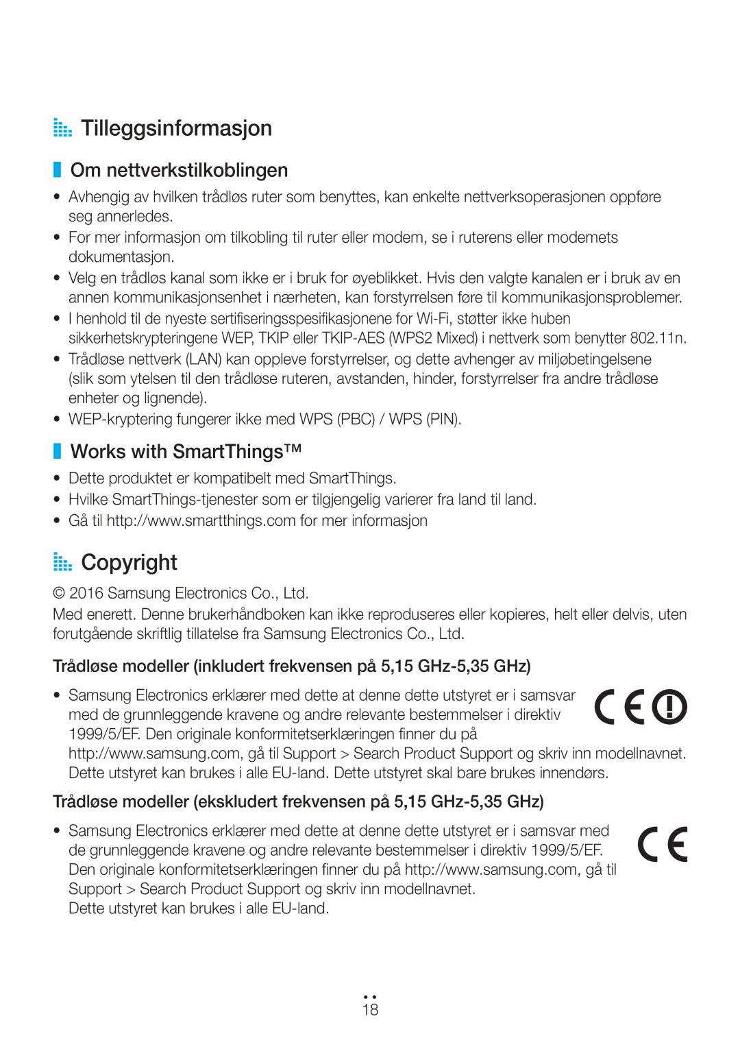 Samsung WAM1400/XE manual AA Tilleggsinformasjon, AA Copyright, Om nettverkstilkoblingen, Works with SmartThings 