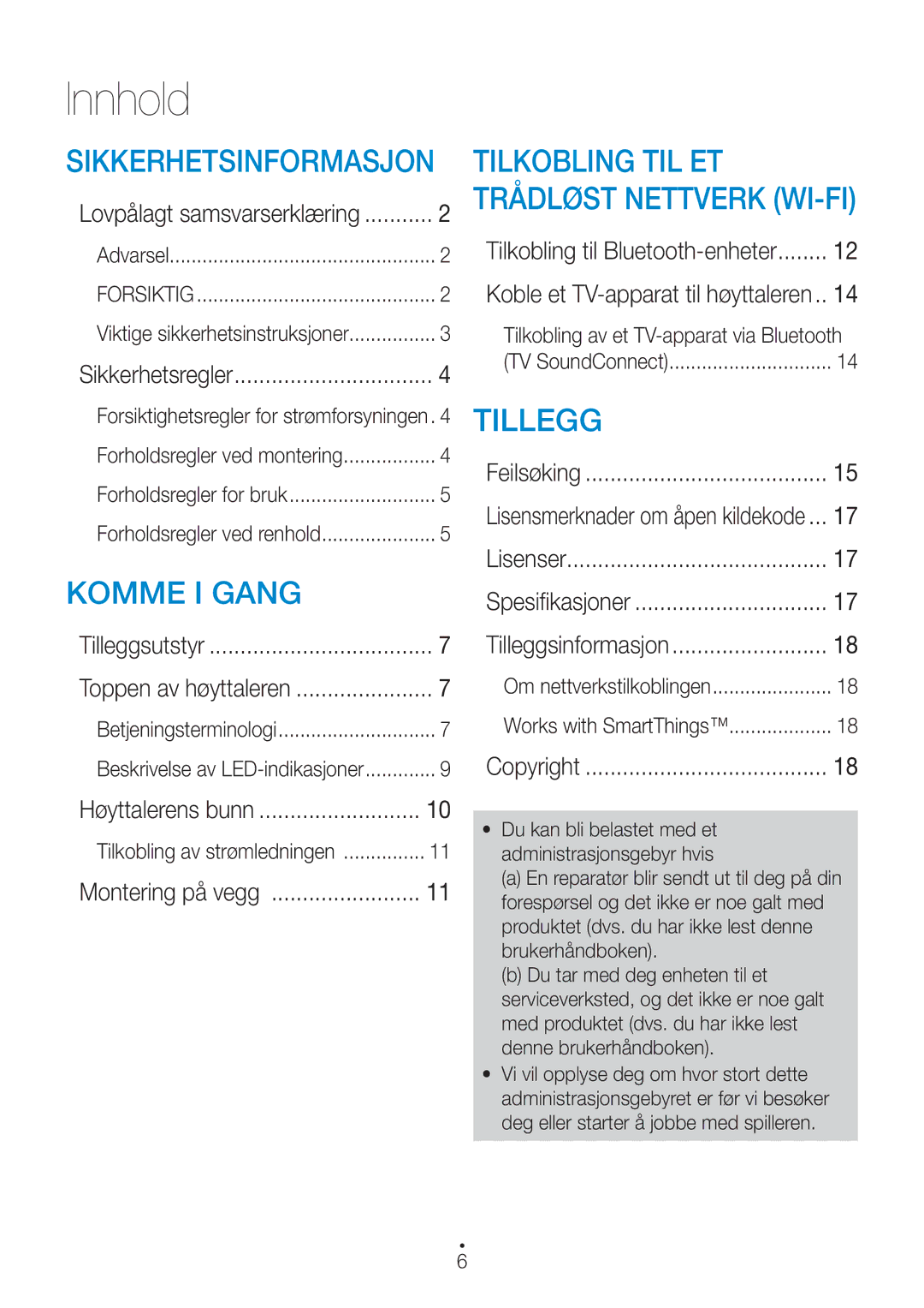 Samsung WAM1400/XE manual Innhold, Tilkobling av et TV-apparat via Bluetooth, Lisensmerknader om åpen kildekode 