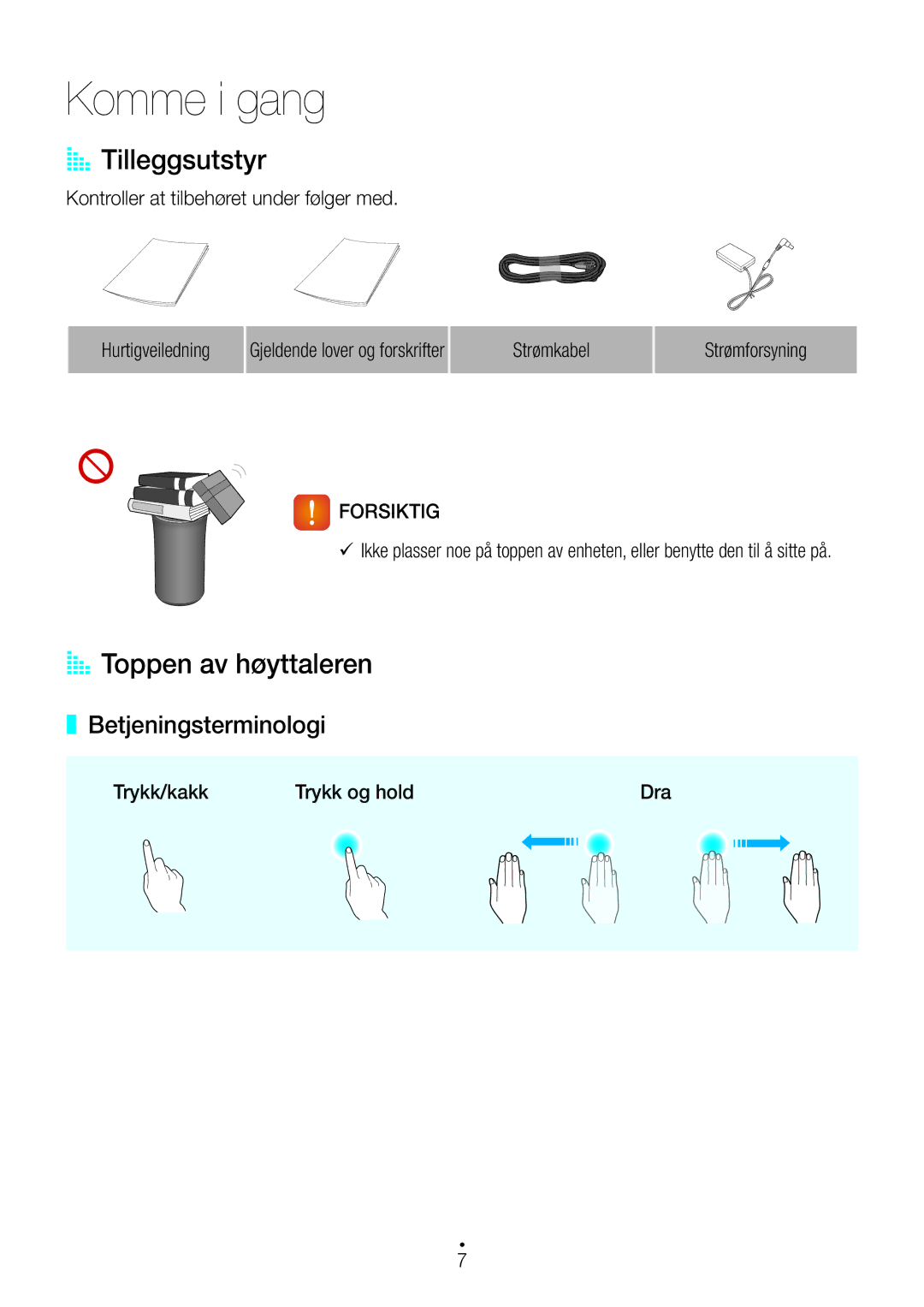 Samsung WAM1400/XE manual Komme i gang, AA Tilleggsutstyr, AA Toppen av høyttaleren, Betjeningsterminologi, Forsiktig 