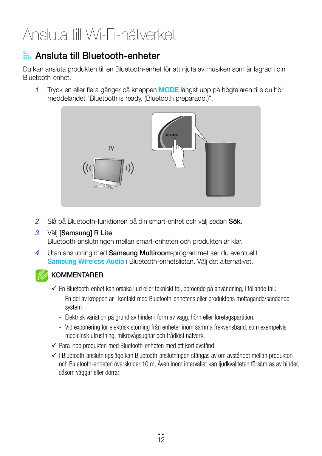 Samsung WAM1400/XE manual Ansluta till Wi-Fi-nätverket, AA Ansluta till Bluetooth-enheter 