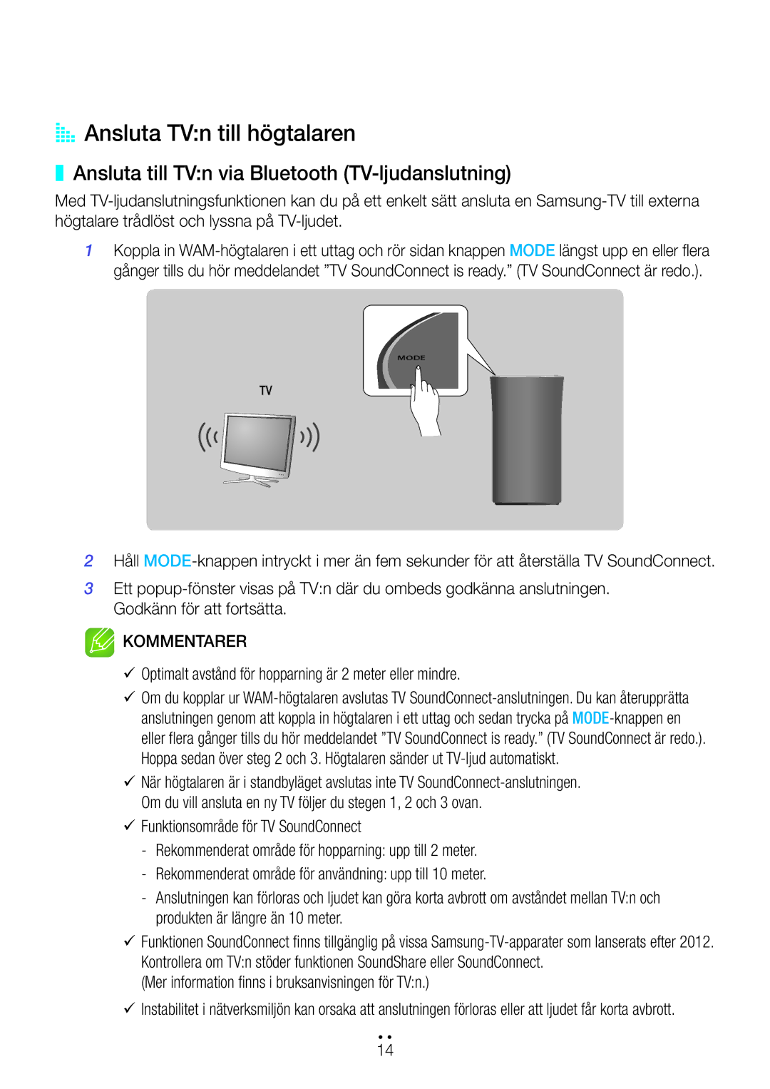 Samsung WAM1400/XE manual AA Ansluta TVn till högtalaren, Ansluta till TVn via Bluetooth TV-ljudanslutning 