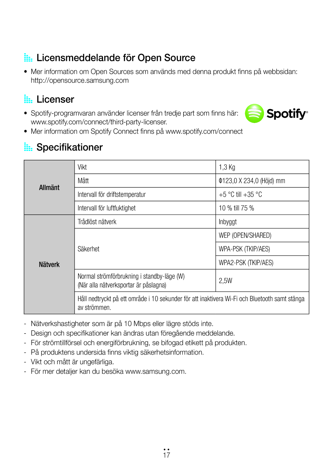 Samsung WAM1400/XE manual AA Licensmeddelande för Open Source, AA Licenser AA Specifikationer, Nätverk 