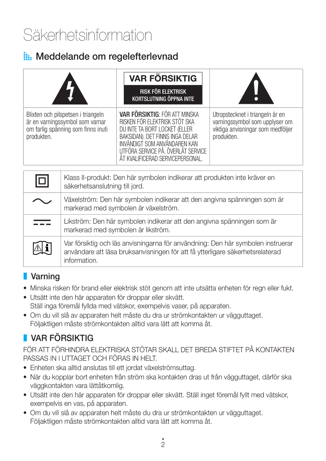 Samsung WAM1400/XE manual Säkerhetsinformation, AA Meddelande om regelefterlevnad, Varning, Utropstecknet i triangeln är en 