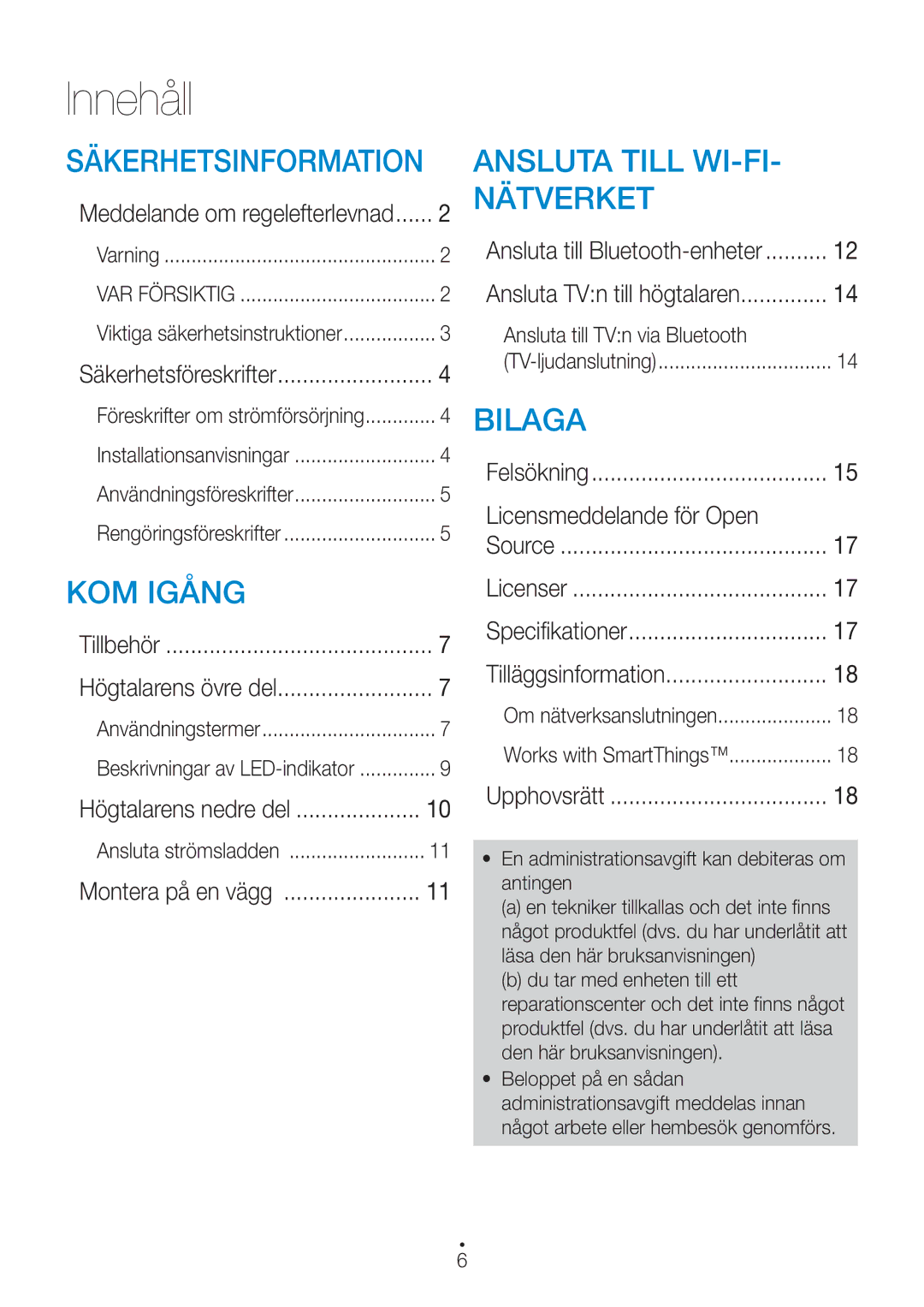 Samsung WAM1400/XE manual Innehåll, Licensmeddelande för Open, Högtalarens nedre del, Montera på en vägg 