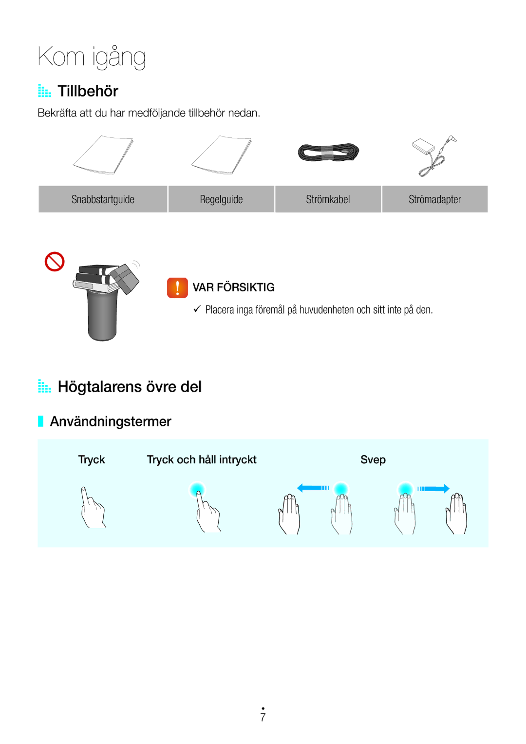 Samsung WAM1400/XE manual Kom igång, AA Tillbehör, AA Högtalarens övre del, Användningstermer 