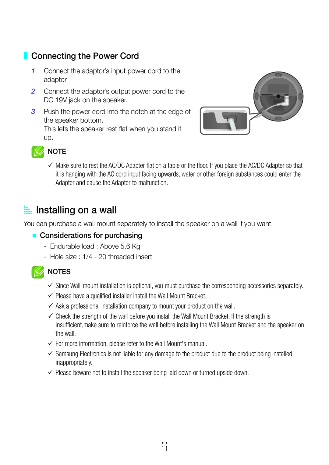 Samsung WAM1400/XE manual AA Installing on a wall, Connecting the Power Cord 