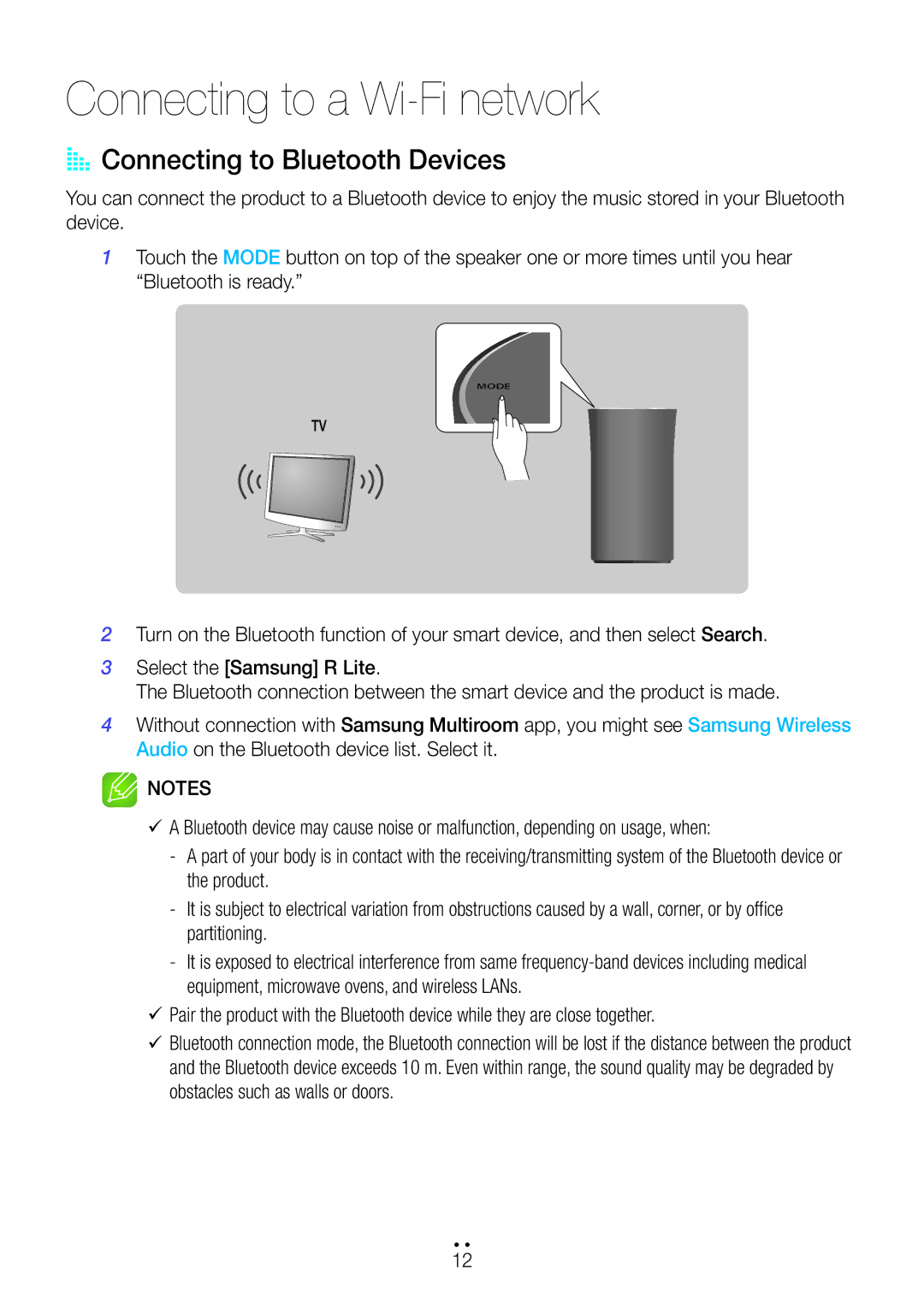 Samsung WAM1400/XE manual Connecting to a Wi-Fi network, AA Connecting to Bluetooth Devices 