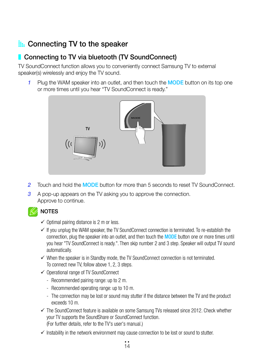 Samsung WAM1400/XE manual AA Connecting TV to the speaker, Connecting to TV via bluetooth TV SoundConnect 