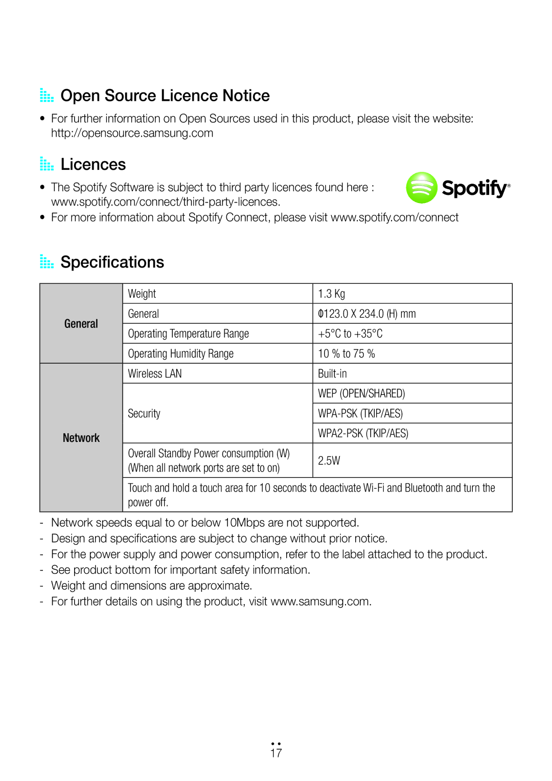 Samsung WAM1400/XE manual AA Open Source Licence Notice, AA Licences AA Specifications, Weight 