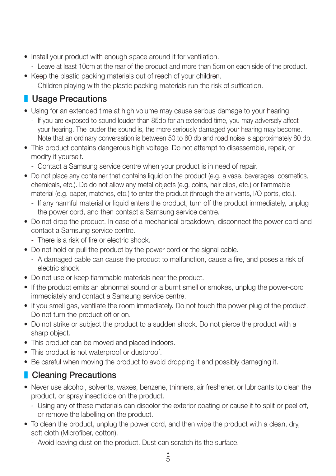 Samsung WAM1400/XE manual Usage Precautions, Cleaning Precautions 