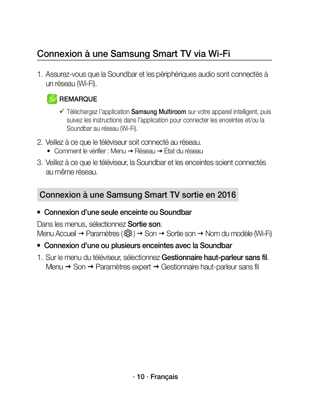 Samsung WAM1500/XE, WAM1500/EN manual Connexion à une Samsung Smart TV via Wi-Fi, Connexion à une Samsung Smart TV sortie en 